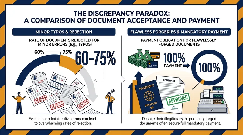 The doctrine of strict compliance creates a paradox where administrative errors halt payments, but flawless forgeries guarantee them.