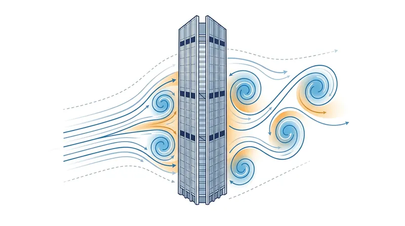 Vortex shedding creates alternating low-pressure zones that pull a building from side to side.
