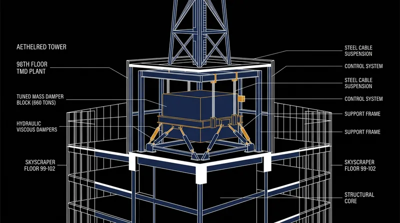 A tuned mass damper acts as a giant pendulum, swinging out of phase with the building to absorb kinetic energy.