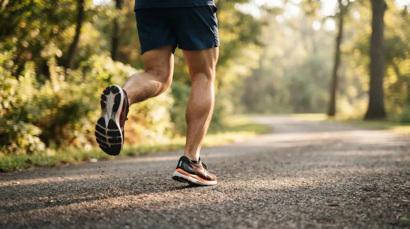 A close-up view of a runner's shoe striking a paved path, showing the compression of the sole.