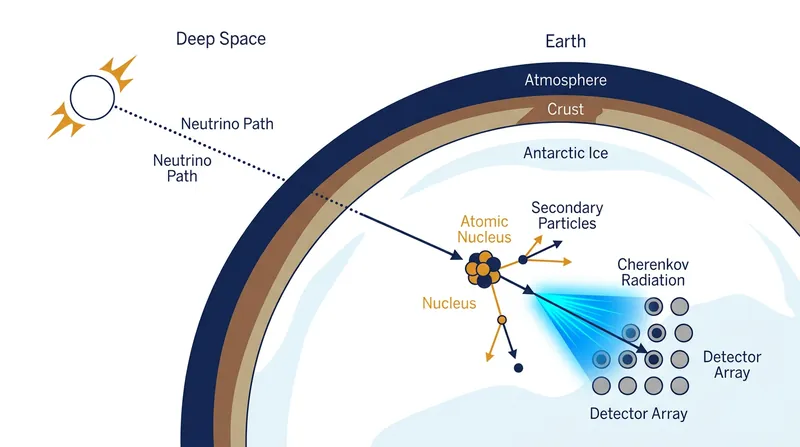 Neutrinos rarely interact with matter, but occasional collisions in the ice produce faint flashes of blue light.