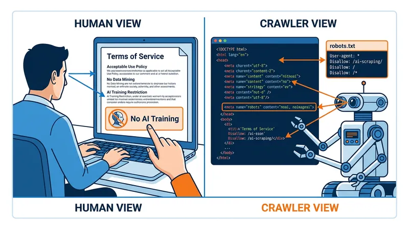 Automated crawlers do not parse natural language, rendering plain-text legal disclaimers invisible to ingestion engines.