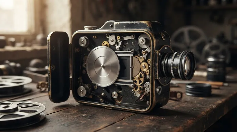 A split-screen comparison showing a glowing vintage cinema camera rotary shutter next to a sharp, wireframe video game rendering.