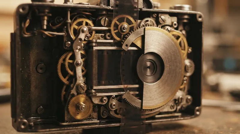 Illustration: The mechanical rotary shutter physically blocks light from hitting the film strip while the mechanism advances to the next frame.