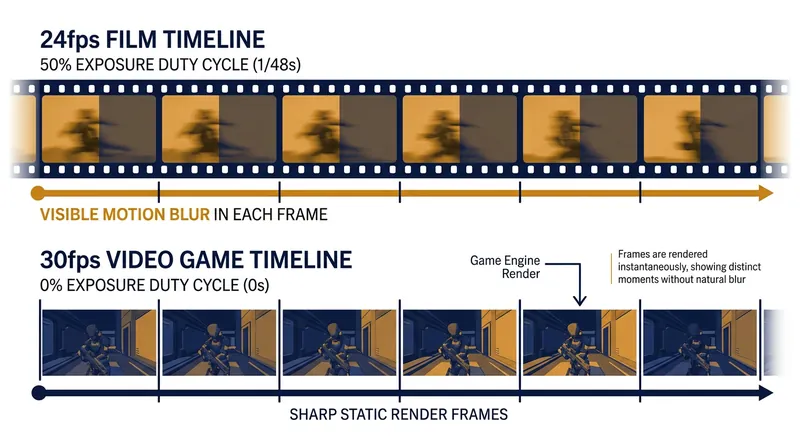A 180-degree shutter exposes film for half of the frame's total duration, whereas a raw game frame is generated instantaneously.