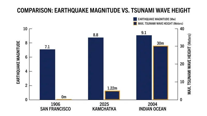 Historical data demonstrates that earthquake magnitude alone does not determine the resulting tsunami wave height.