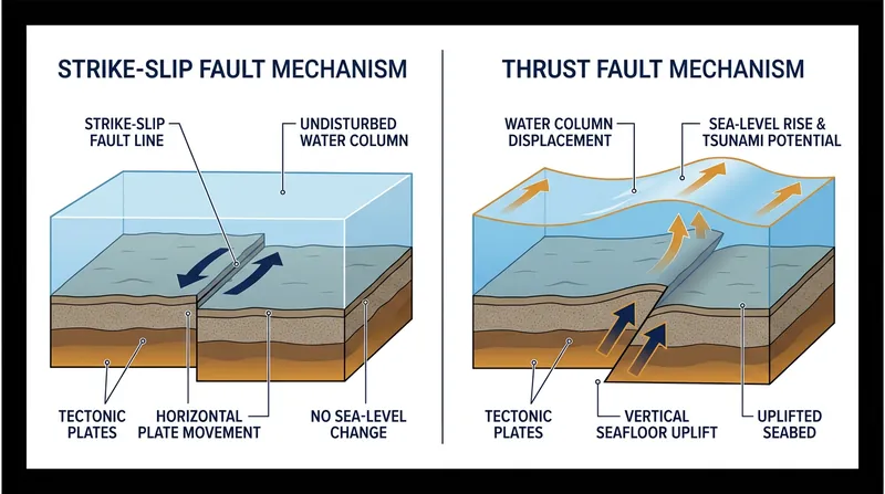 Only vertical displacement, such as from a thrust fault, lifts the water column to generate a tsunami.