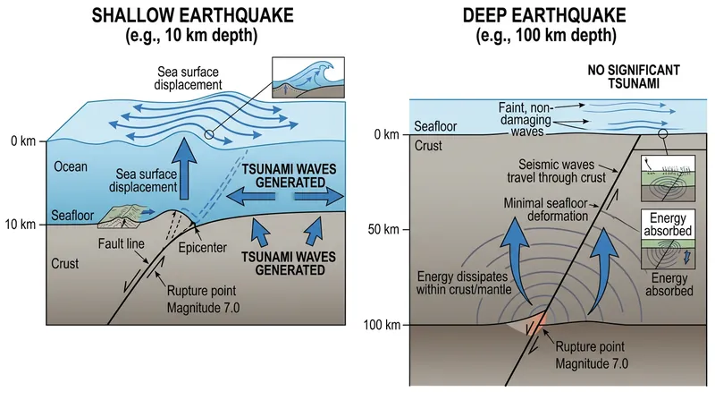 Earthquakes occurring deeper than 100 kilometers rarely perturb the seabed enough to move the water column.