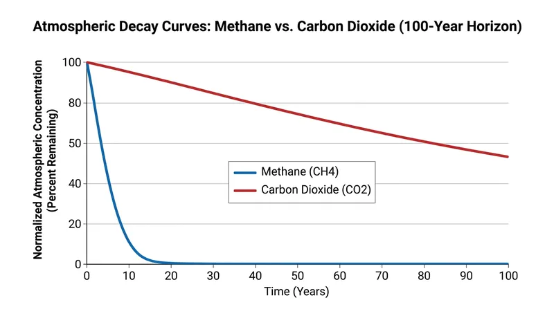 Methane degrades rapidly via hydroxyl radical oxidation, while carbon dioxide persists for centuries.