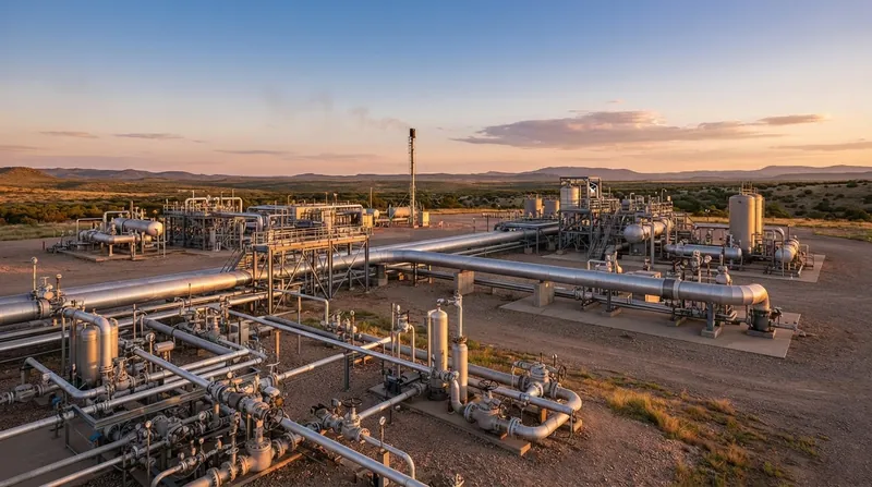 Industrial natural gas facility venting flares against a dark blue twilight sky.