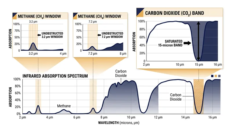 Methane absorbs outgoing thermal radiation in a relatively transparent atmospheric window.