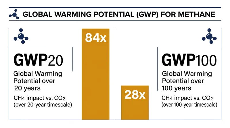 The choice of time horizon drastically alters methane's calculated climate impact.