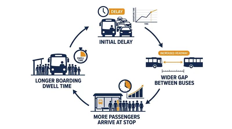 The positive feedback loop that causes a minor delay to compound exponentially.
