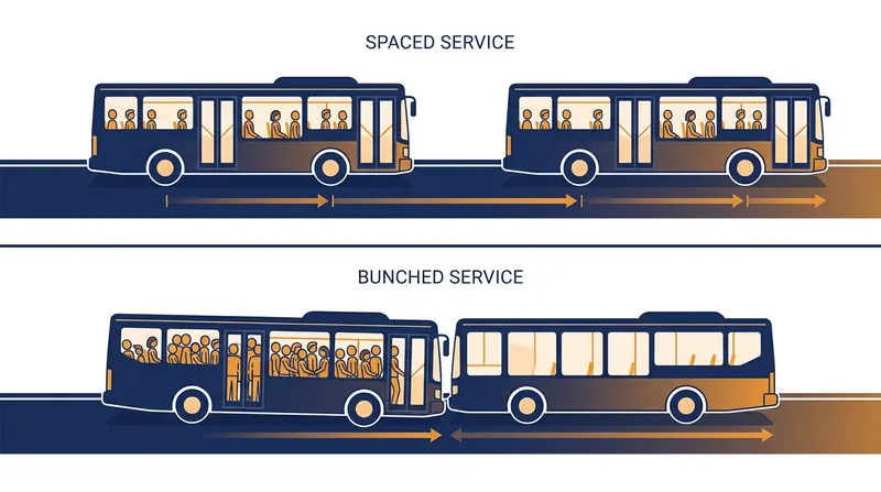 When buses pair up, the trailing vehicle runs empty, drastically reducing the effective capacity of the route.