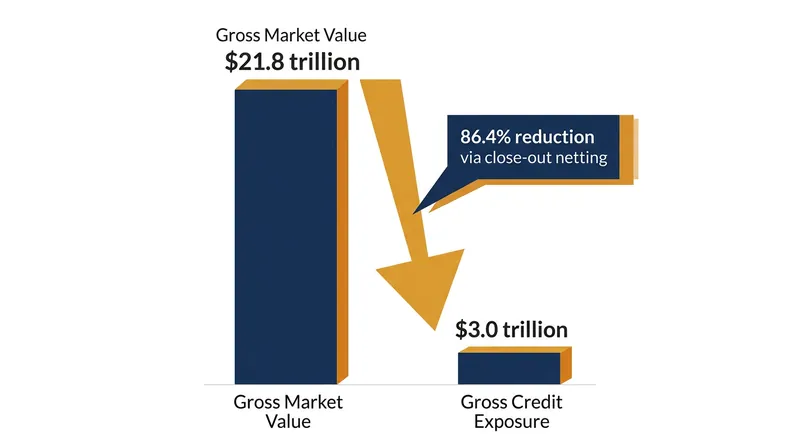 Close-out netting eliminated 86.4% of gross credit exposure in the global derivatives market by mid-2025.