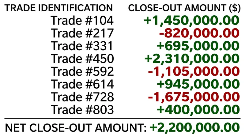 Upon default, all open trades are valued at their current replacement cost and summed into a single net payment.