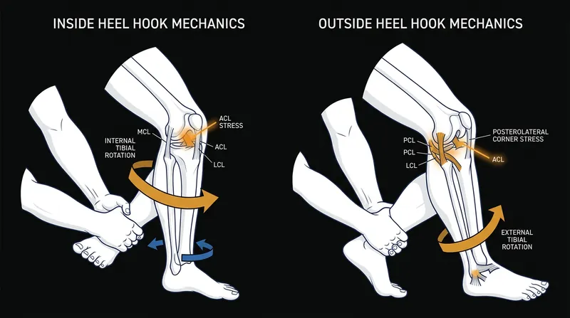 Inside heel hooks directly load the cruciate ligaments, while outside heel hooks target the posterolateral corner.