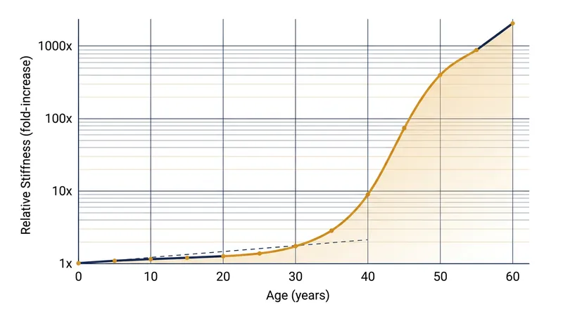 The central nucleus of the lens becomes up to 1,000 times stiffer by age 50, destroying its ability to change shape.