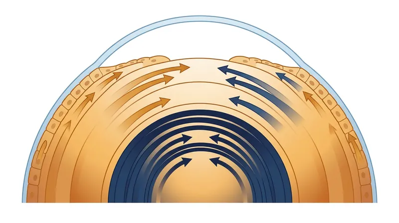 Because the lens cannot shed old cells, new fibers continuously wrap around the core, compacting the nucleus over decades.