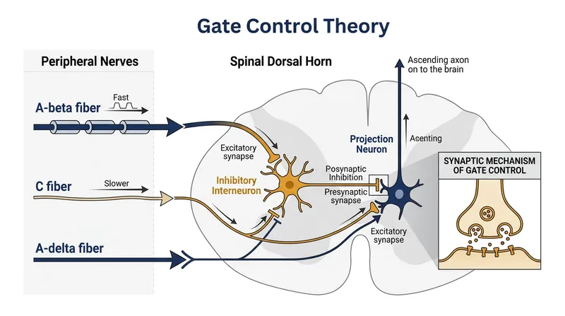 When activated by touch, inhibitory interneurons suppress projection neurons, preventing pain signals from ascending to the brain.