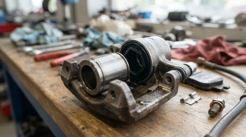 A close-up view of a disassembled automotive brake caliper showing the piston and internal rubber seal.