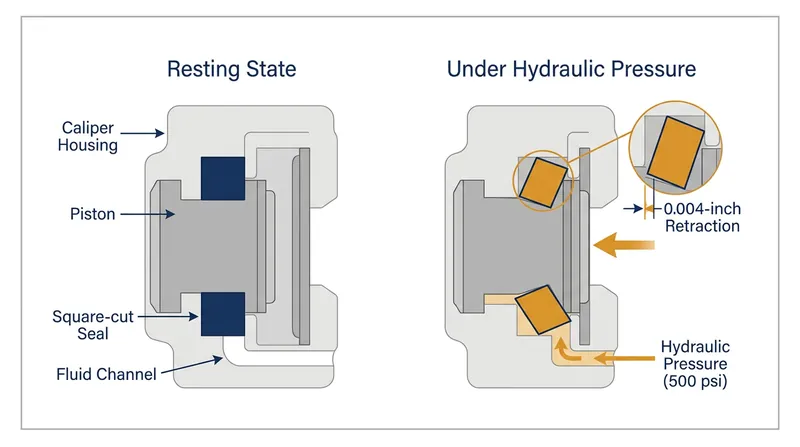 Under hydraulic pressure, the square-cut seal distorts to store elastic energy, which it uses to pull the piston back when the brake pedal is released.