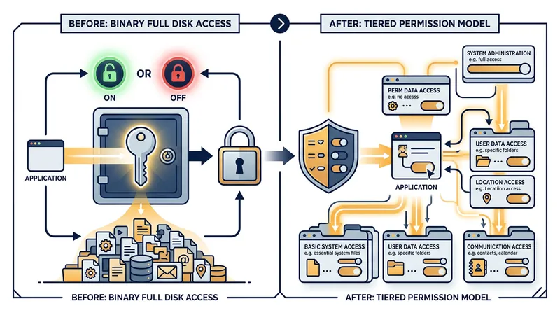 The new intent-based API framework replaces persistent background access with temporary, user-initiated file permissions.