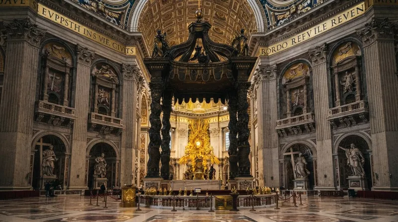 The ornate interior of St. Peter's Basilica in Vatican City, featuring wooden pews and towering architecture.