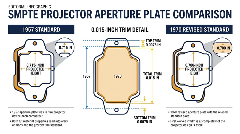 The 1970 SMPTE revision shaved 0.015 inches off the projector aperture height to conceal film splices.