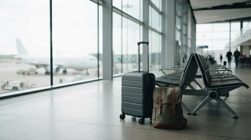 Passengers walking through a bright, modern European airport terminal carrying small cabin bags and luggage.