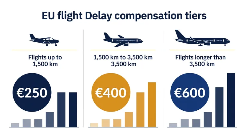 Compensation tiers for flights arriving more than three hours late remain tied to the total journey distance.
