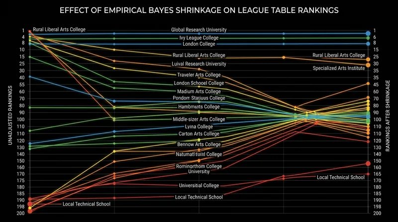 Empirical Bayes reorganizes league tables by stripping away the statistical noise of small sample sizes.