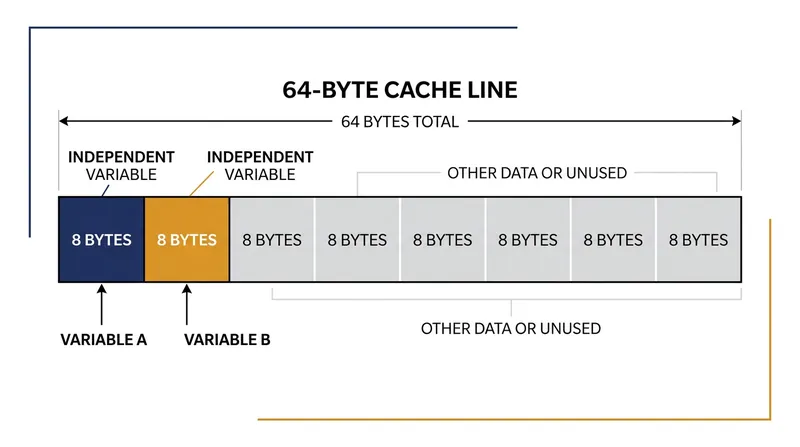 A standard 64-byte cache line can hold eight 64-bit integers, forcing adjacent variables to travel together.