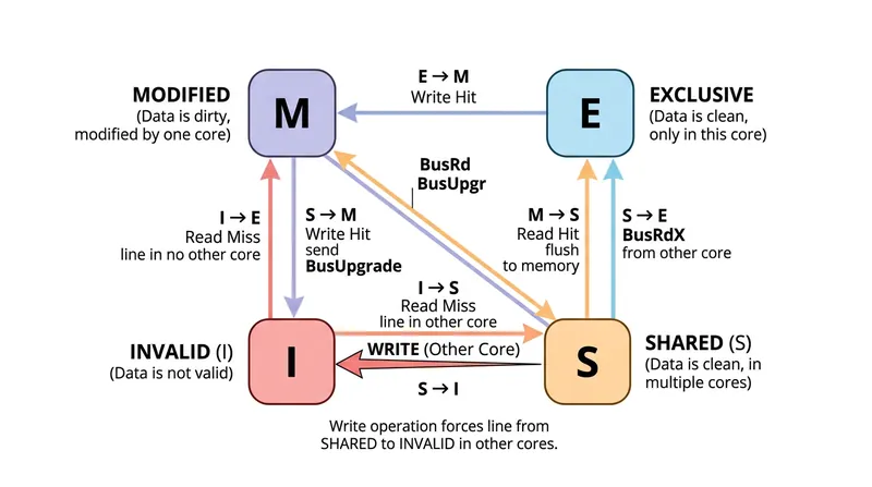 The MESI protocol ensures all cores see the same data, but it operates on entire cache lines, not individual bytes.