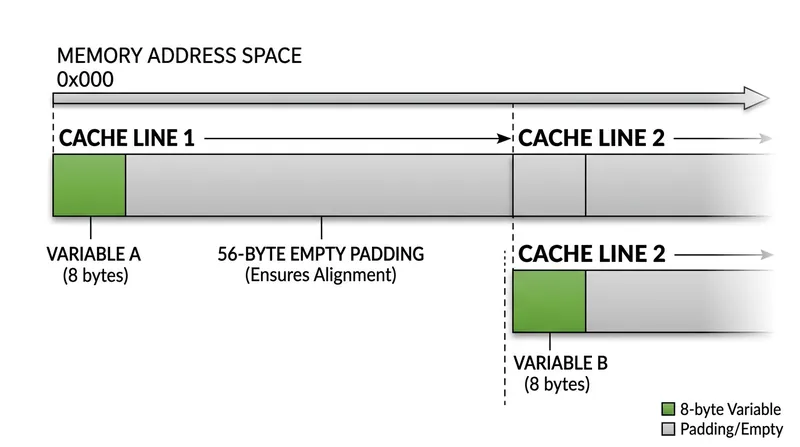 Padding variables with dummy data ensures they reside on separate cache lines, eliminating coherency collisions.