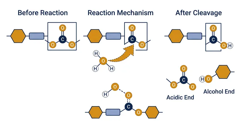 Water molecules from ambient humidity cleave the ester bonds in polyurethane, triggering an irreversible, autocatalytic breakdown.