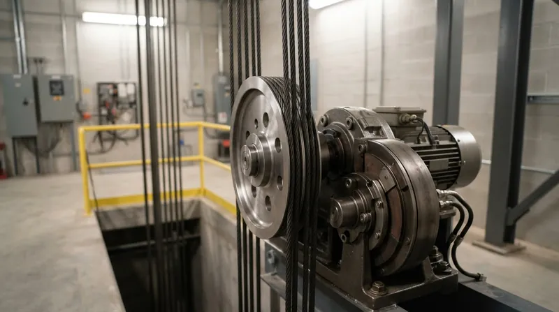 Illustration: Halving the torque requirement allows manufacturers to use compact gearless motors that fit entirely inside the elevator shaft.