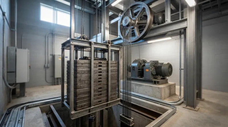 Illustration: When modernizations add weight to an elevator car, technicians often use dense lead plates to rebalance the system within the existing frame.