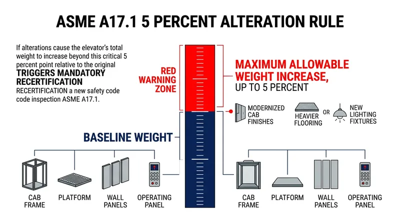 The ASME A17.1 code strictly limits weight alterations to 5 percent to ensure the mechanical brakes can still safely hold the car.
