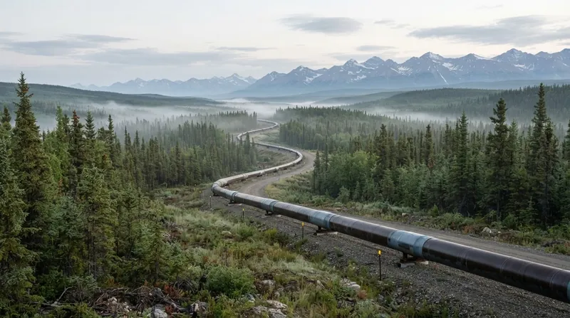 A large industrial oil pipeline under construction in a vast Canadian landscape surrounded by pine trees.