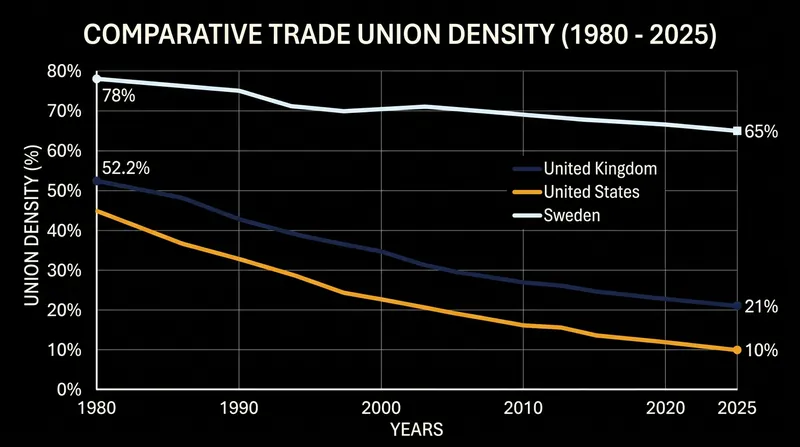 Union density in Ghent-system countries has remained structurally higher than in state-administered systems.
