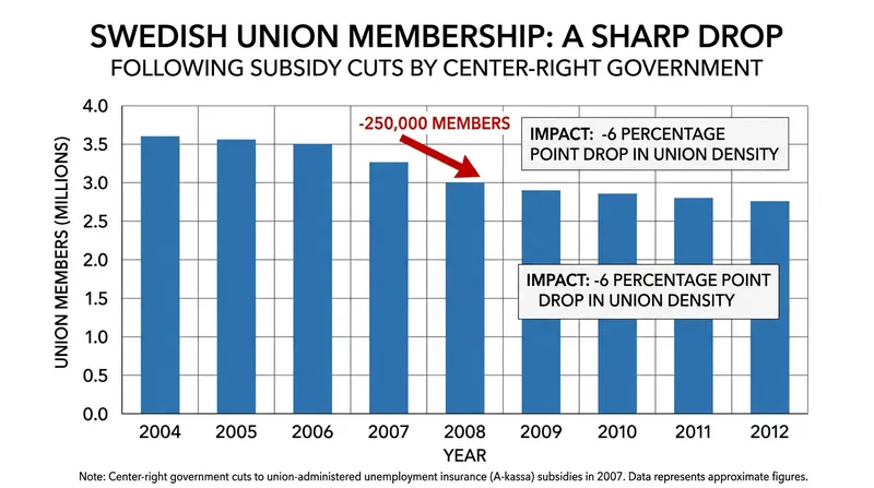 The 2007 Swedish subsidy cuts triggered the sharpest membership decline in the country's labor history.