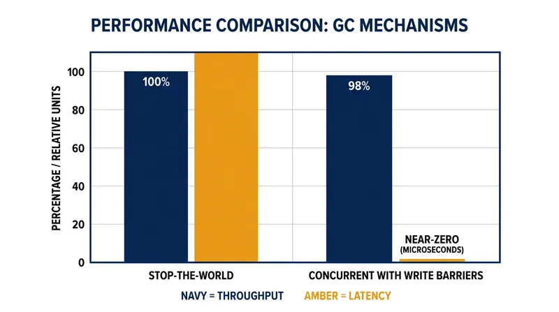 Write barriers trade a small percentage of overall application throughput for a massive reduction in maximum pause times.