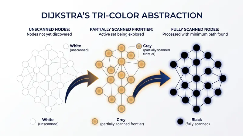 Dijkstra's tri-color abstraction sorts memory into three states to track the garbage collector's progress.