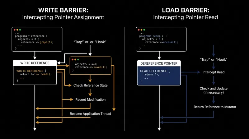 While V8 and Go use write barriers to intercept pointer changes, Java's ZGC uses load barriers to intercept pointer reads.