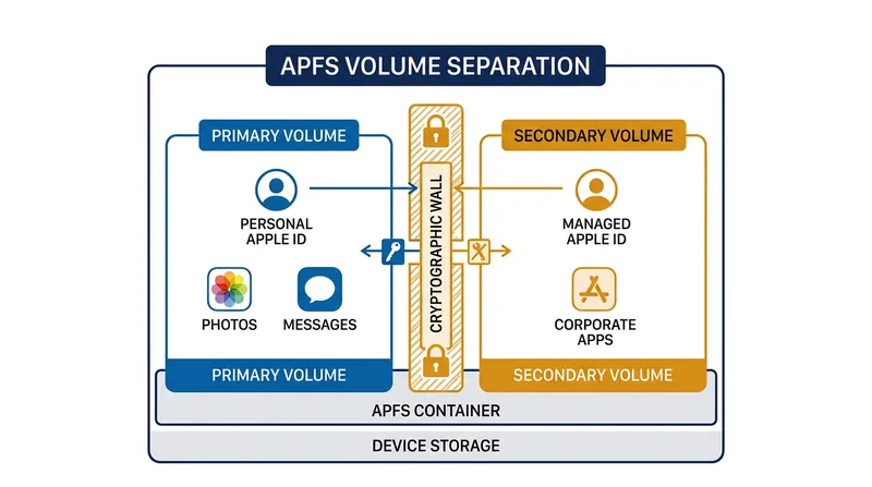 Apple's User Enrollment provisions a dedicated, encrypted APFS volume for corporate data.