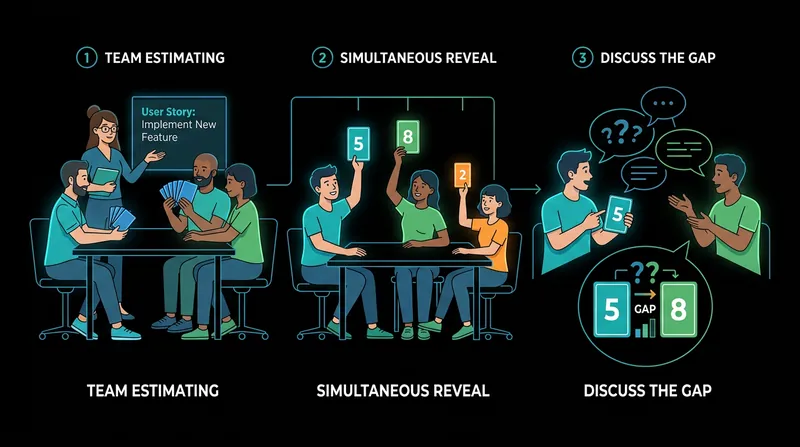 Simultaneous card reveals prevent teams from anchoring on the first estimate spoken aloud.