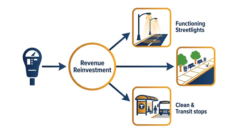 Returning meter revenue to the district where it was collected helps fund visible public improvements like cleaner sidewalks and better lighting.