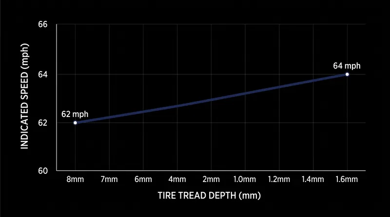 As tire tread wears down, the wheel's diameter shrinks, causing the speedometer to over-read by a wider margin.