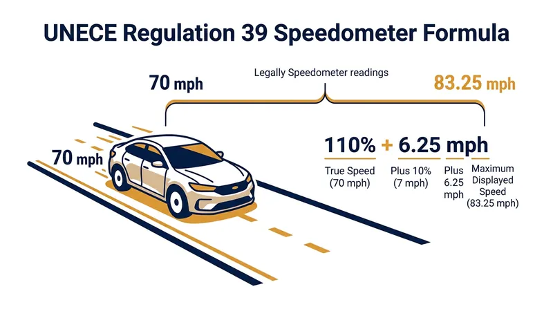 Under UNECE Regulation 39, a vehicle traveling at 70 mph may legally display an indicated speed up to 83.25 mph.
